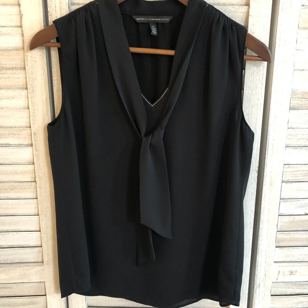 WHBM Sleeveless Black Blouse with Tie and Subtle Silver Trim 0